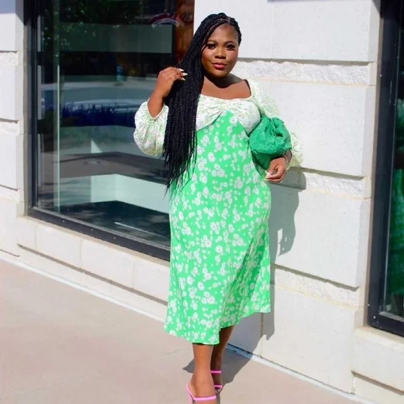 RIXO Target Green Daisy Puff Sleeve Boho Hippie Dress - 20/22 - Picture 2 of 8